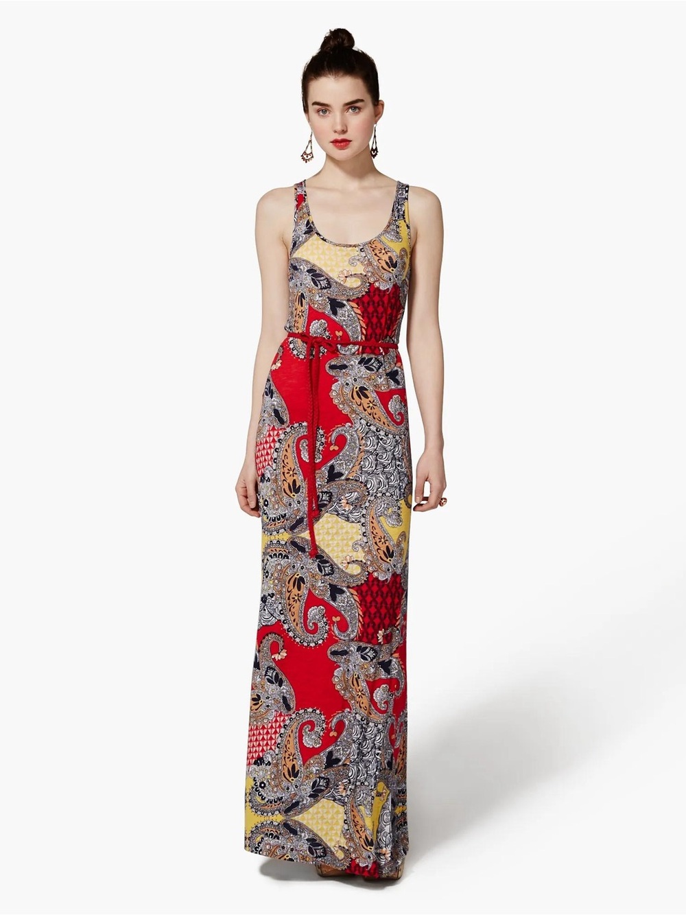 Lucky Brand Red Yellow Paisley Printed Maxi Dress